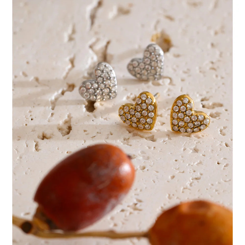 Cubic Zirconia Heart Earrings — Gold-Plated Stainless Steel with Cubic Zirconia · PS1324