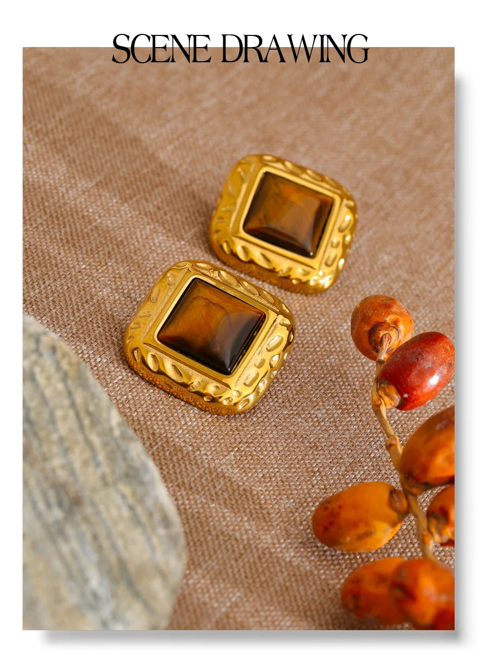 Natural stone geometric earrings in gold-plated stainless steel with natural stone.