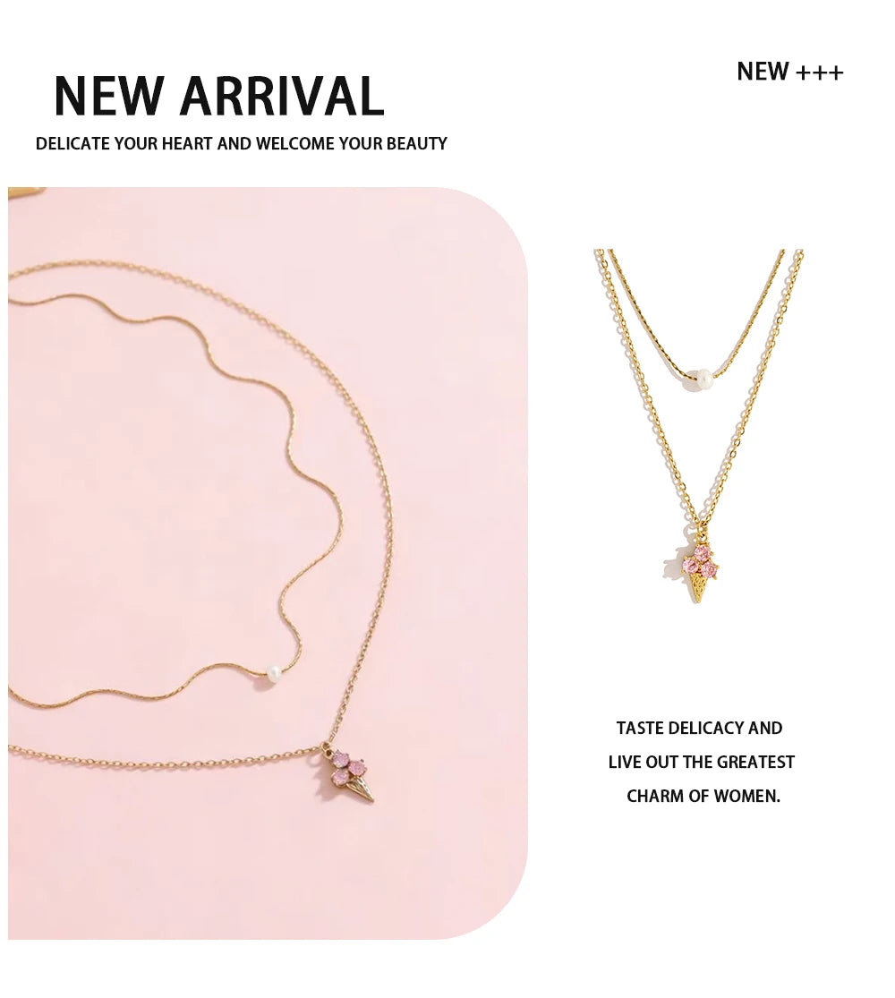Pink Crystal Ice Cream Pendant Necklace Charm — 316L Stainless Steel · PS455