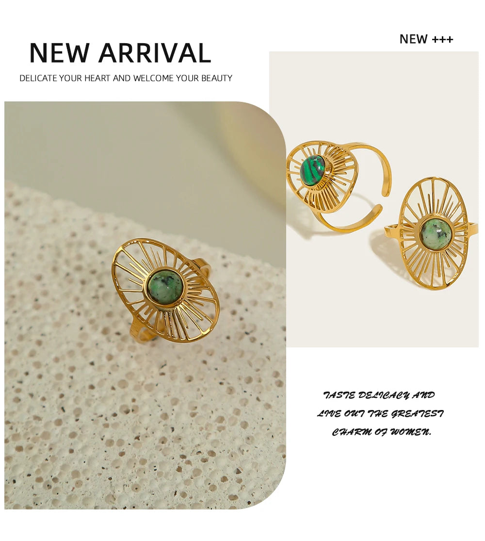 Sun Natural Stone Hollow Ring — 316L Stainless Steel · PS443