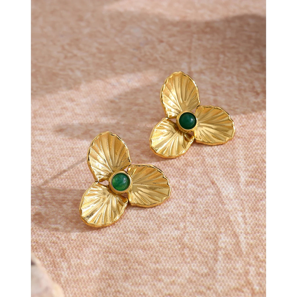 Stud Earrings Floral Vintage Natural Stone — 316L Stainless Steel · PS383