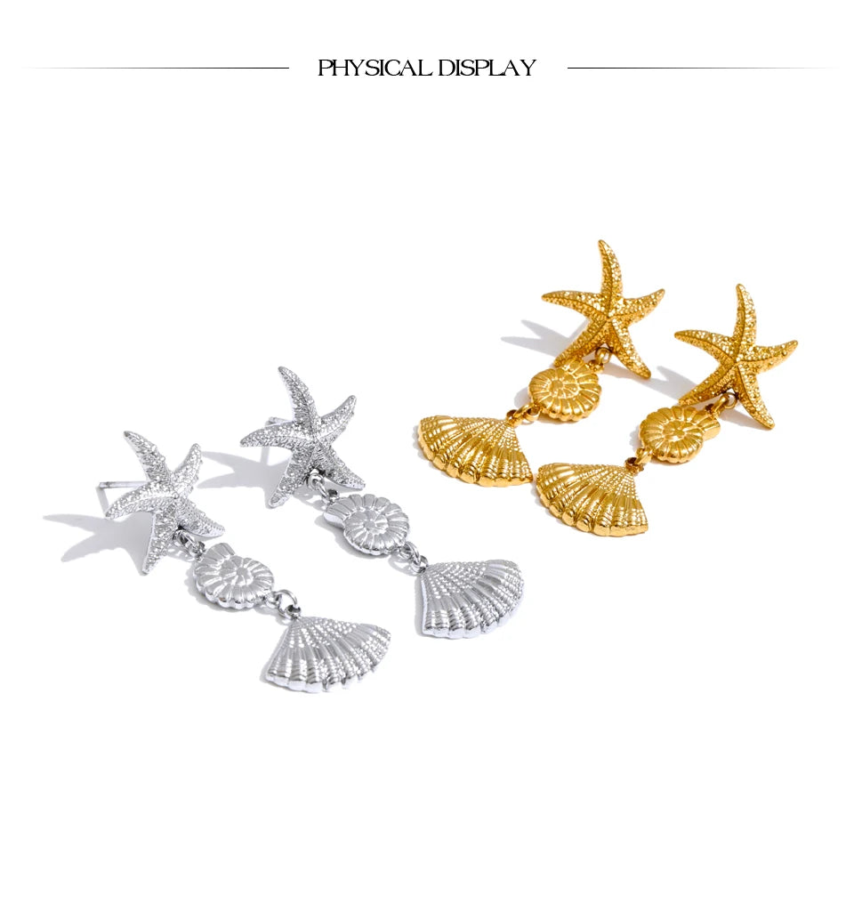 Shell star geometric earrings in gold-plated stainless steel with shell.