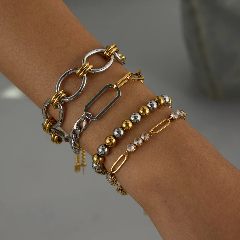 Two-Tone Pearl Chain Bracelet Stack — Stainless Steel · PS038
