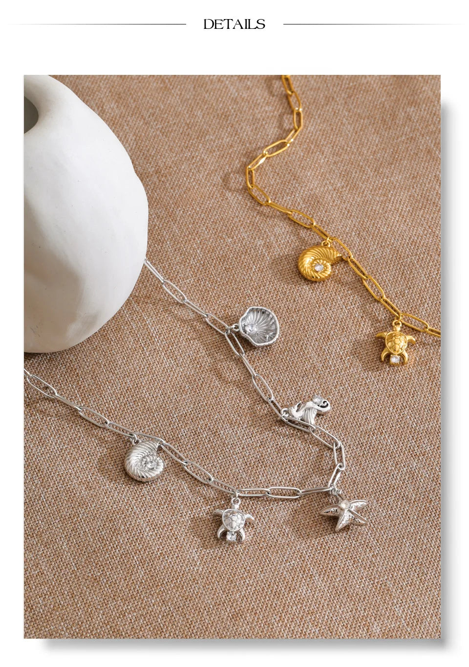 Cubic zirconia shell star necklace in gold-plated stainless steel with cubic zirconia and shell.