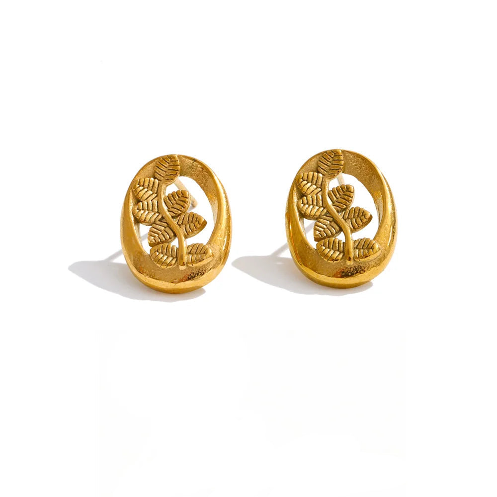 Gold-plated stainless steel earrings with a leaf design.