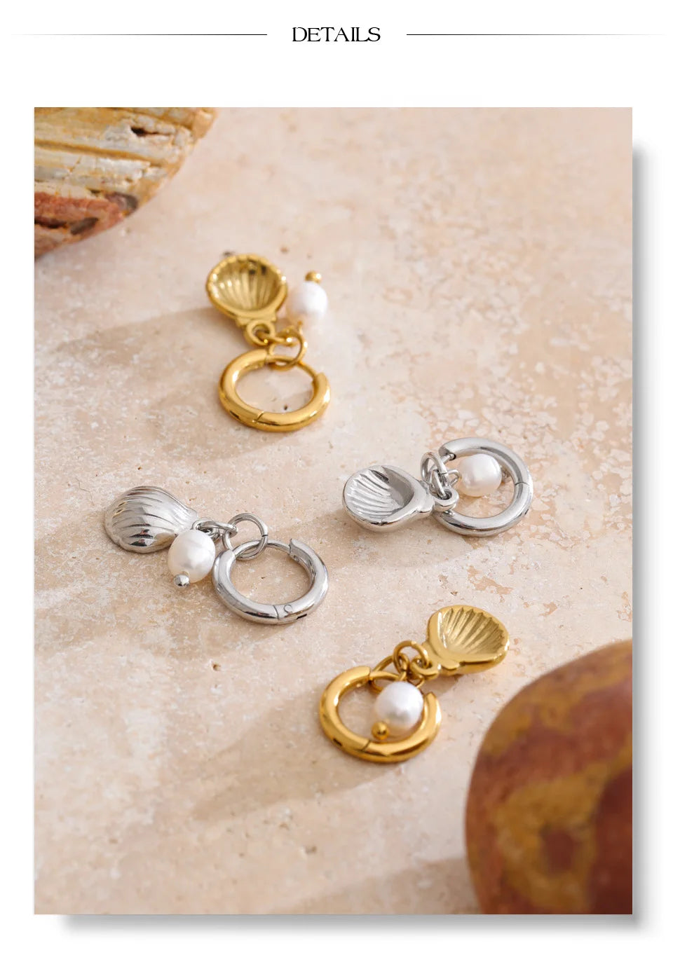 Freshwater pearl shell geometric earrings in gold-plated stainless steel with freshwater pearl and shell.