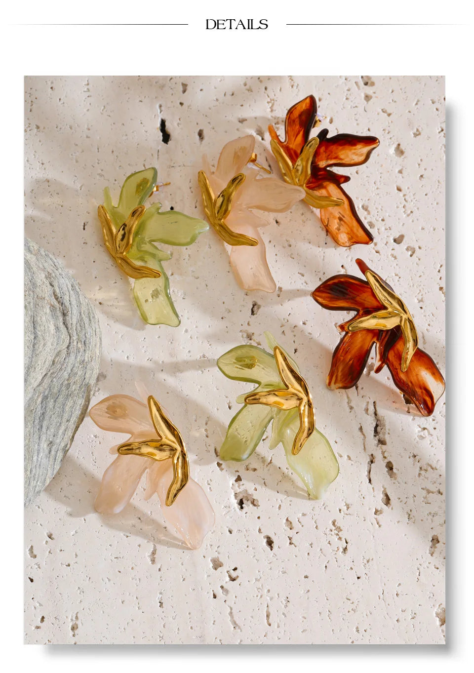 Green resin acrylic earrings in gold-plated stainless steel with resin and acrylic.