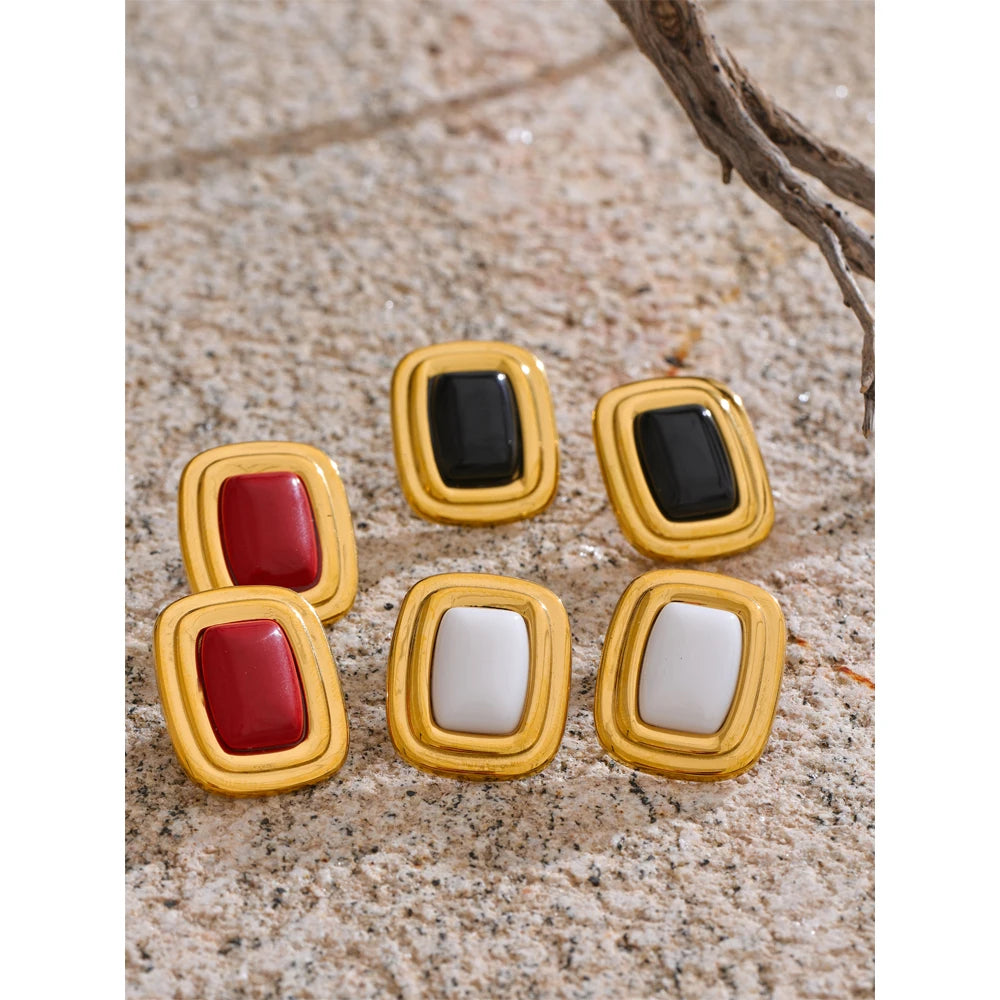 Black Natural Stone Geometric Earrings — Gold-Plated Stainless Steel with Natural Stone · PS1596