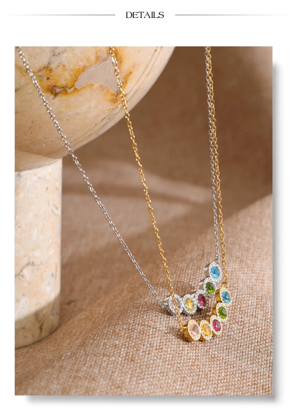 Cubic zirconia multi-color geometric necklace in gold-plated stainless steel with cubic zirconia.