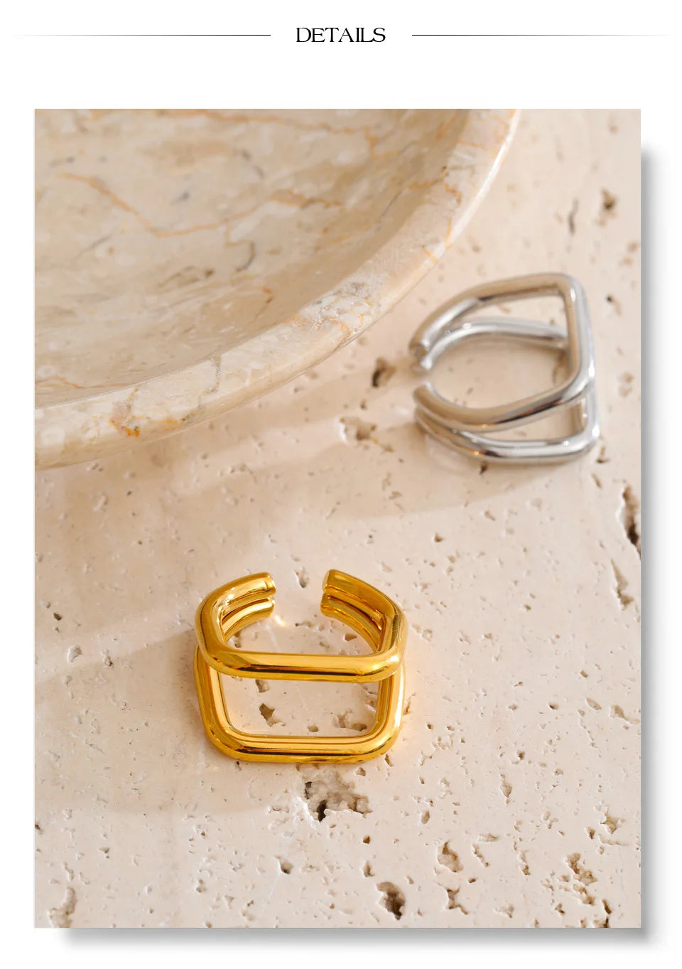 Geometric ring in 18K gold-plated stainless steel.