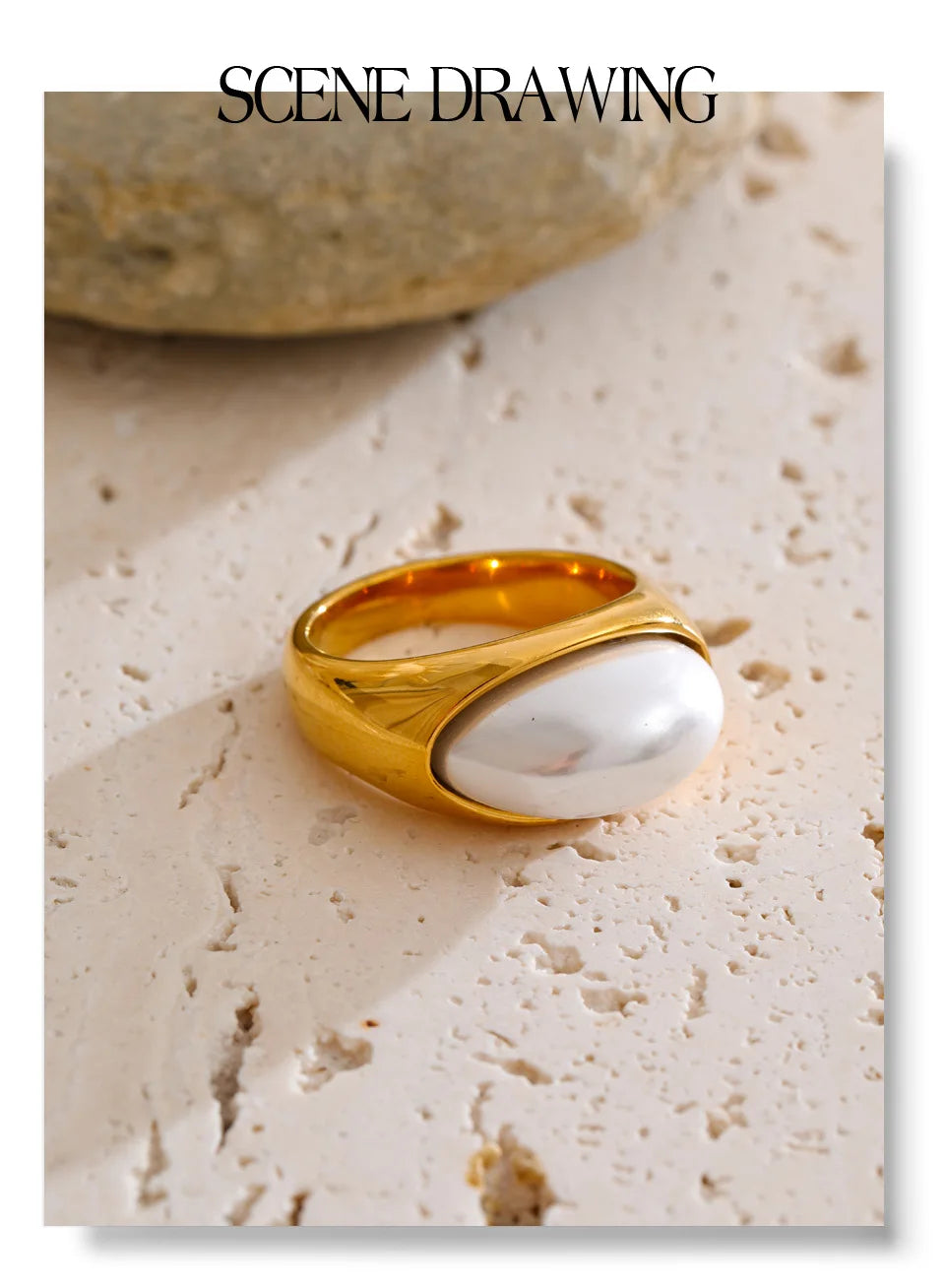 Pearl geometric ring in gold-plated stainless steel with pearl.