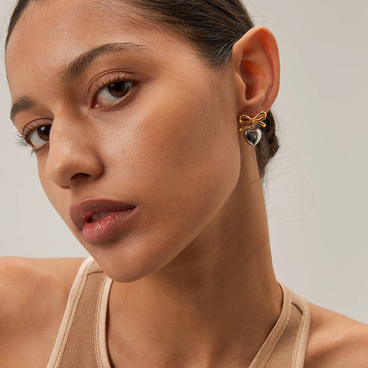 Bow Heart Drop Earrings — 316L Stainless Steel · PS069