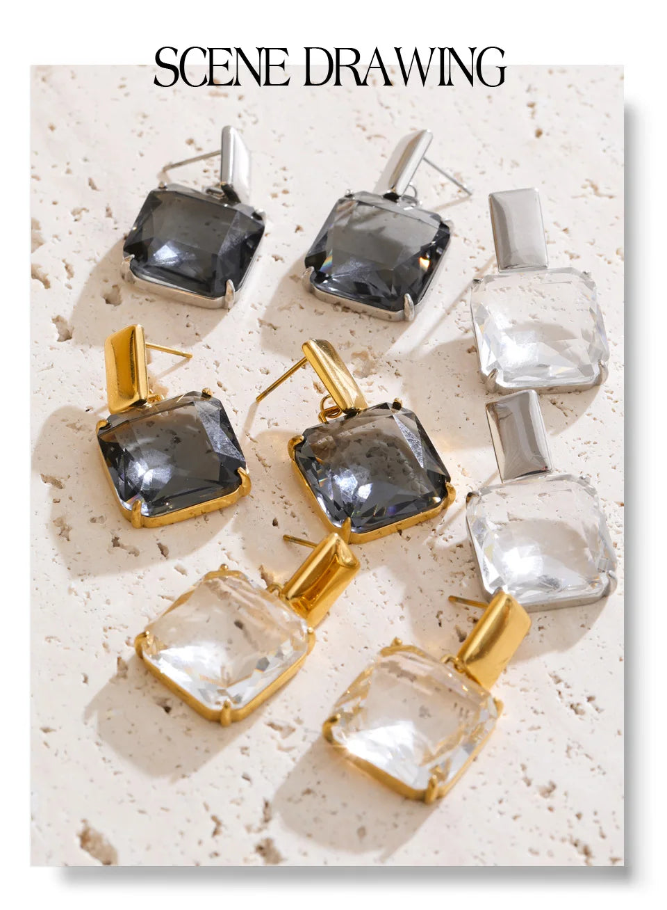 Cubic zirconia geometric earrings in gold-plated stainless steel with cubic zirconia.