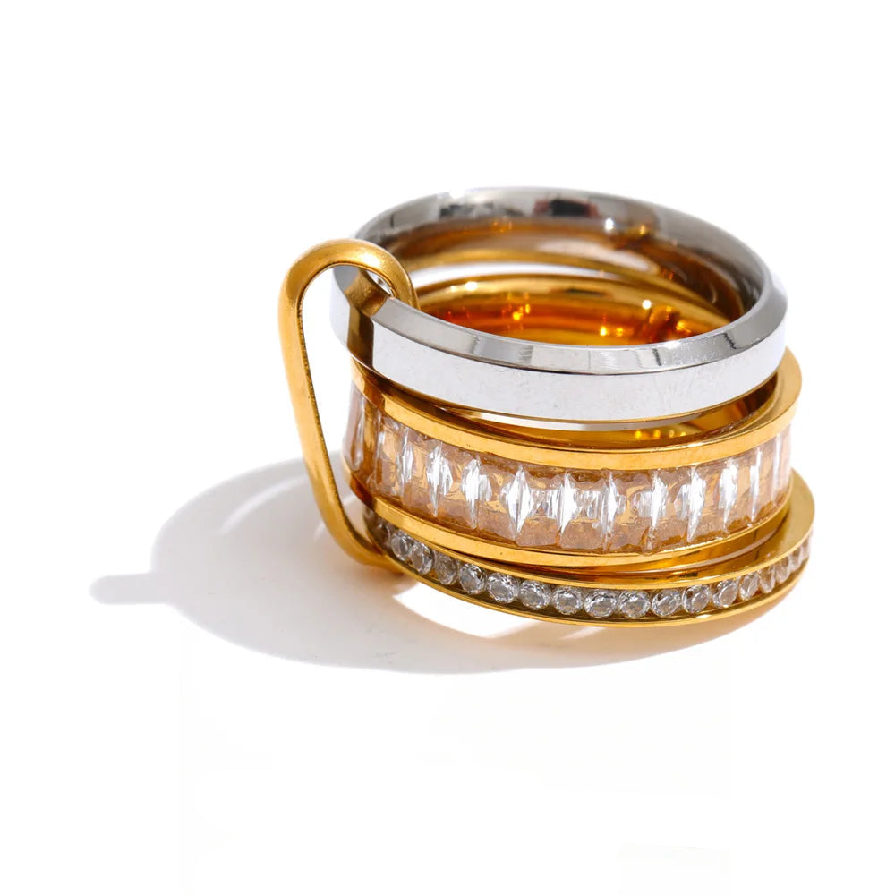 Gold-plated stainless steel ring with cubic zirconia stones.
