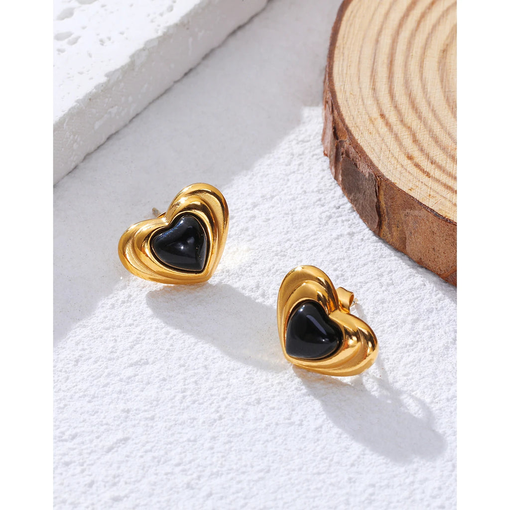 Stud Piercing Earrings Black Stone Heart — 316L Stainless Steel · PS453