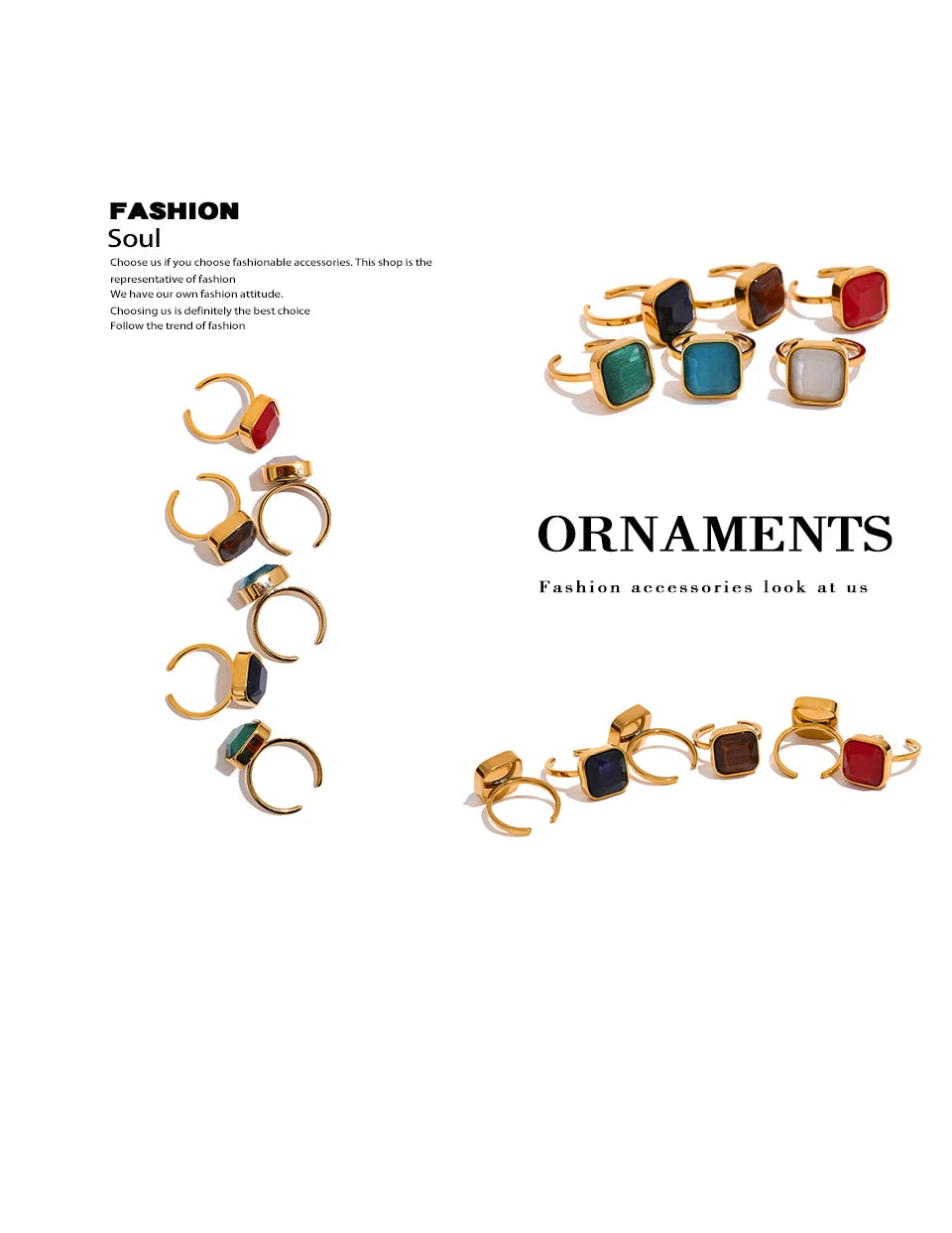 Natural stone multi-color geometric ring in 18K gold-plated stainless steel with natural stone.