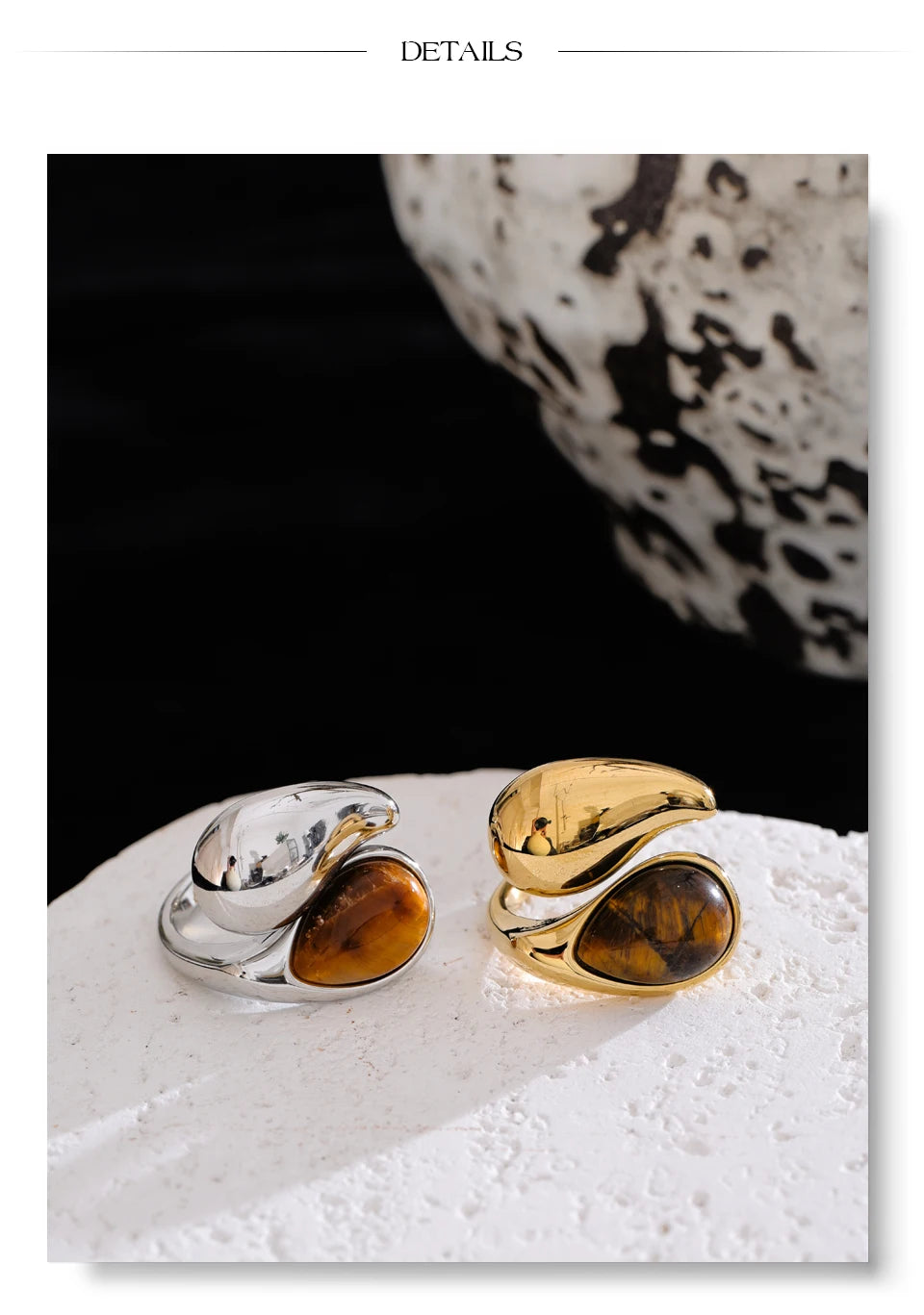 Natural stone geometric ring in gold-plated 316L stainless steel with natural stone.