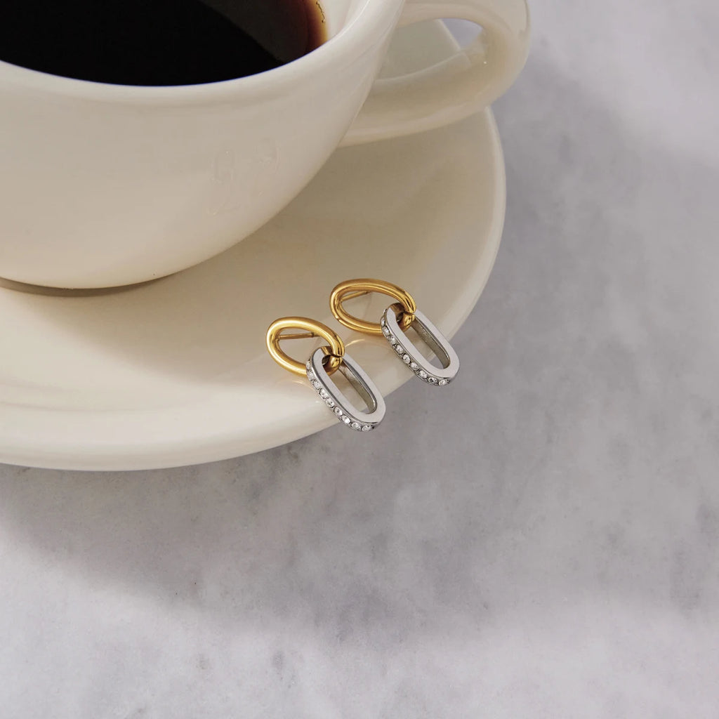 Two-Tone CZ Link Drop Earrings — Stainless Steel · PS126