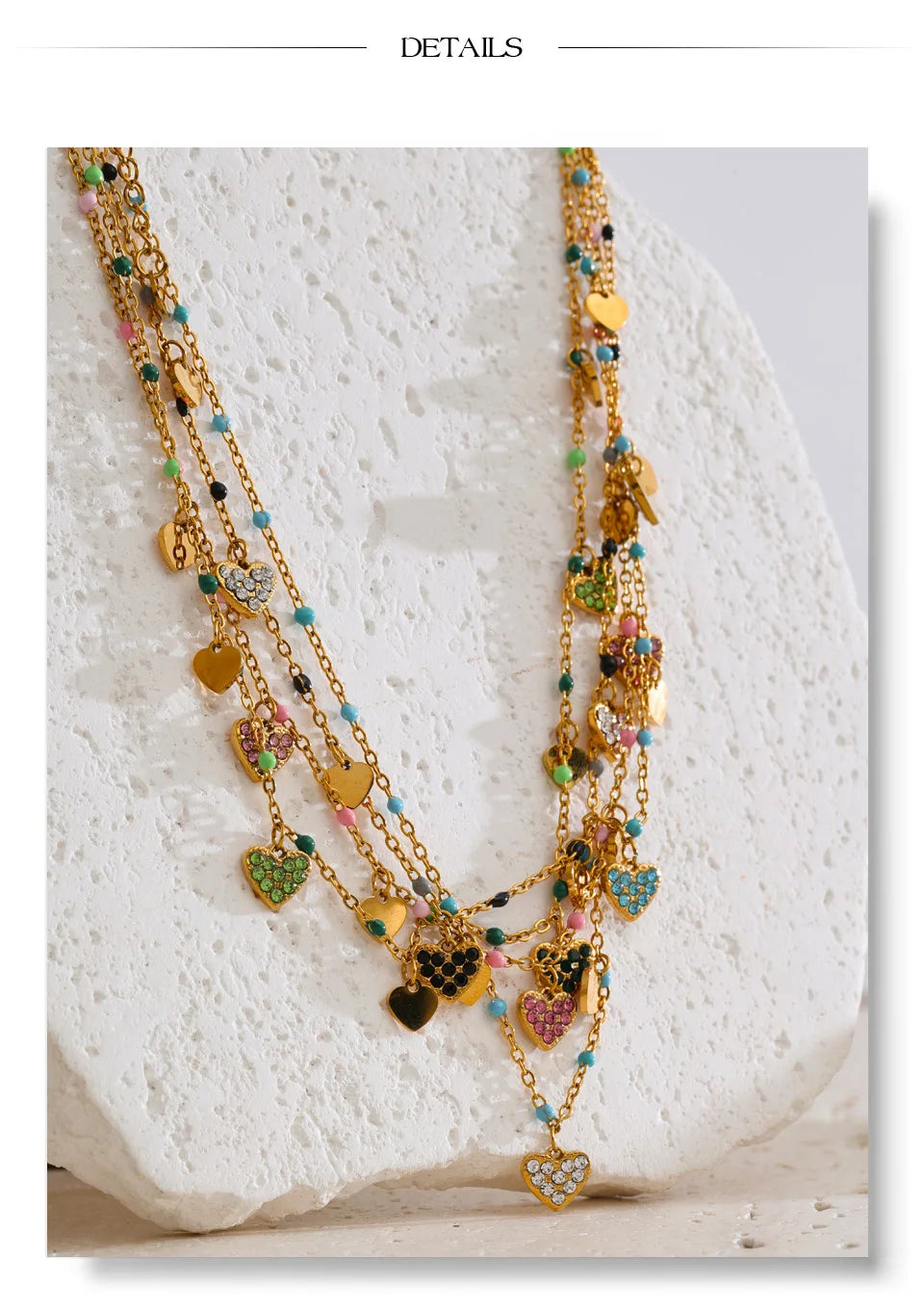 Crystal natural stone heart necklace in gold-plated stainless steel with natural stone and crystal.