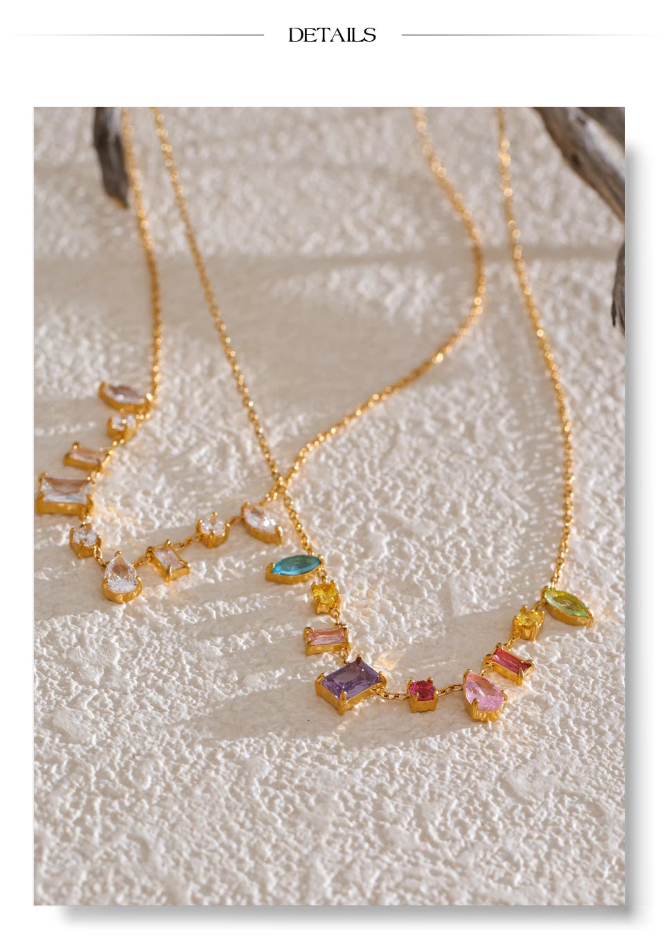 White cubic zirconia multi-color necklace in gold-plated stainless steel with cubic zirconia.