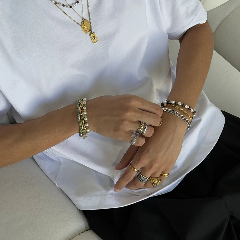 Green Bead Chain Bracelet Stack — Stainless Steel · PS016