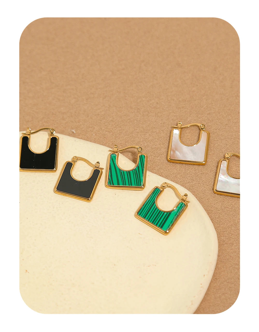 Hoop Earrings Vintage Square Natural Stone — 316L Stainless Steel · PS399