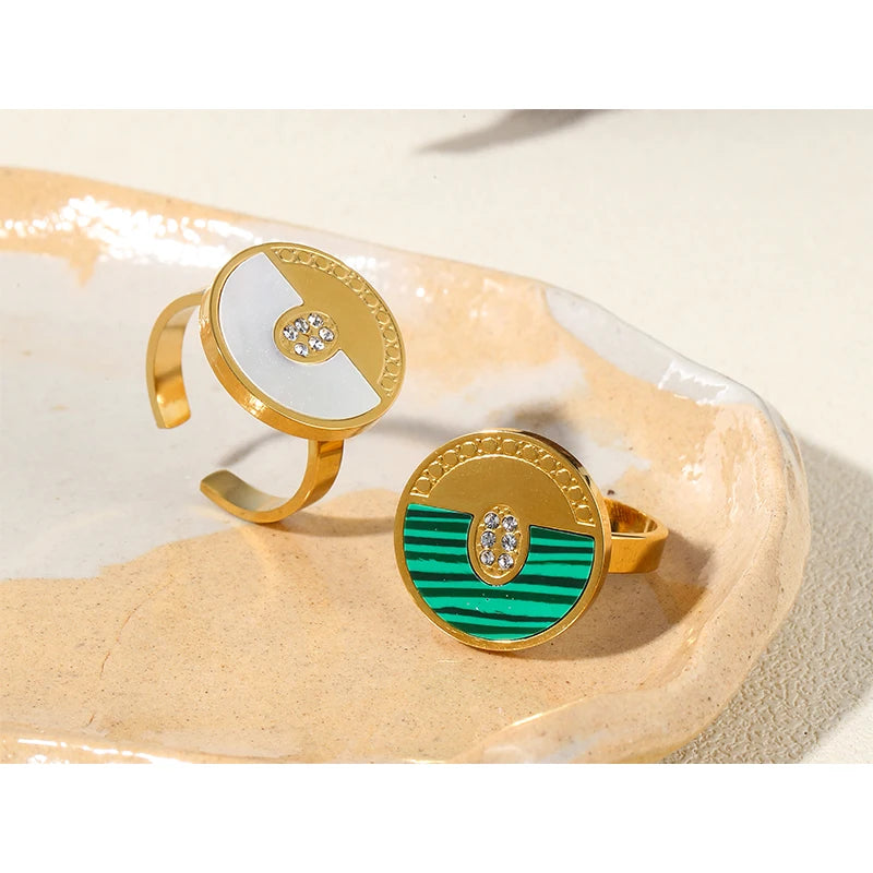 Geometric Ring Shell Malachite Zircon — 316L Stainless Steel · PS464