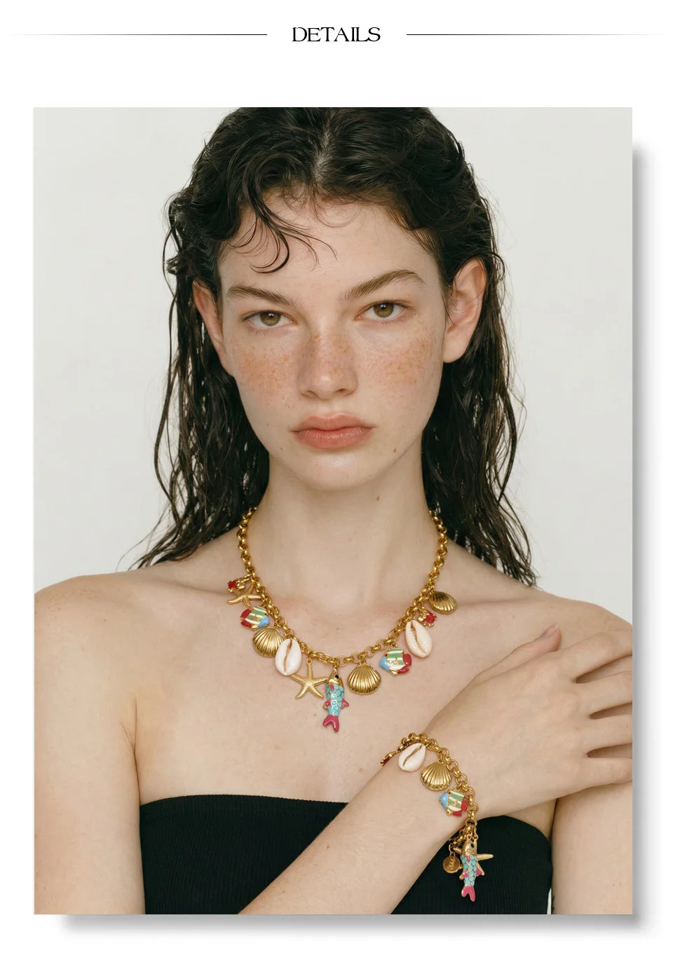 Shell enamel star necklace in gold-plated stainless steel with shell and enamel.