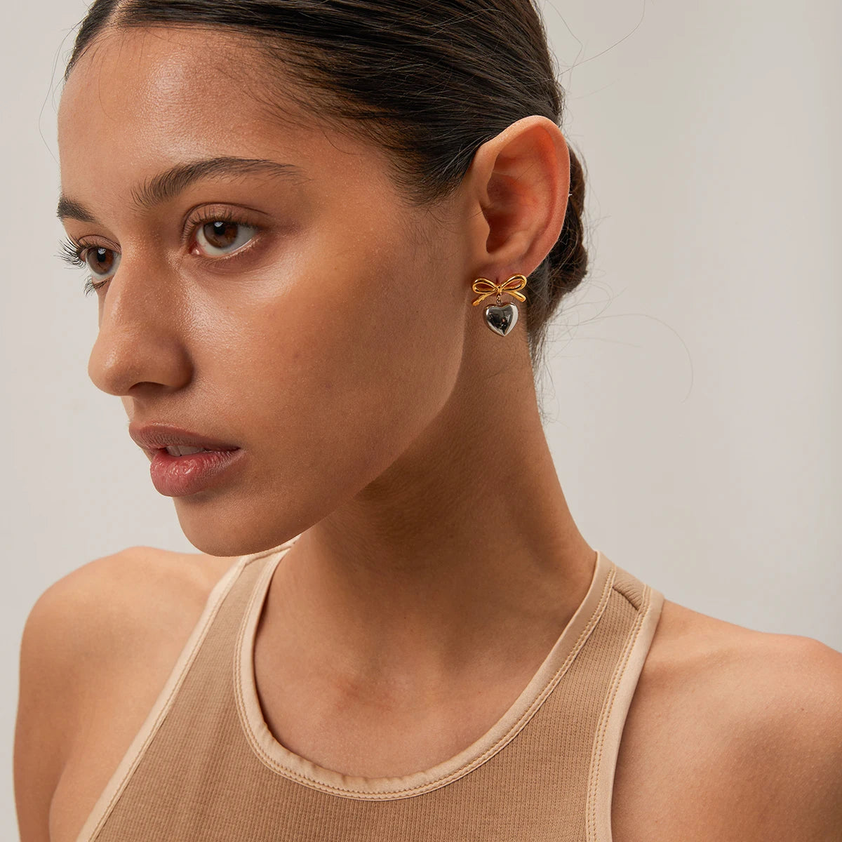 Bow Heart Drop Earrings — 316L Stainless Steel · PS069