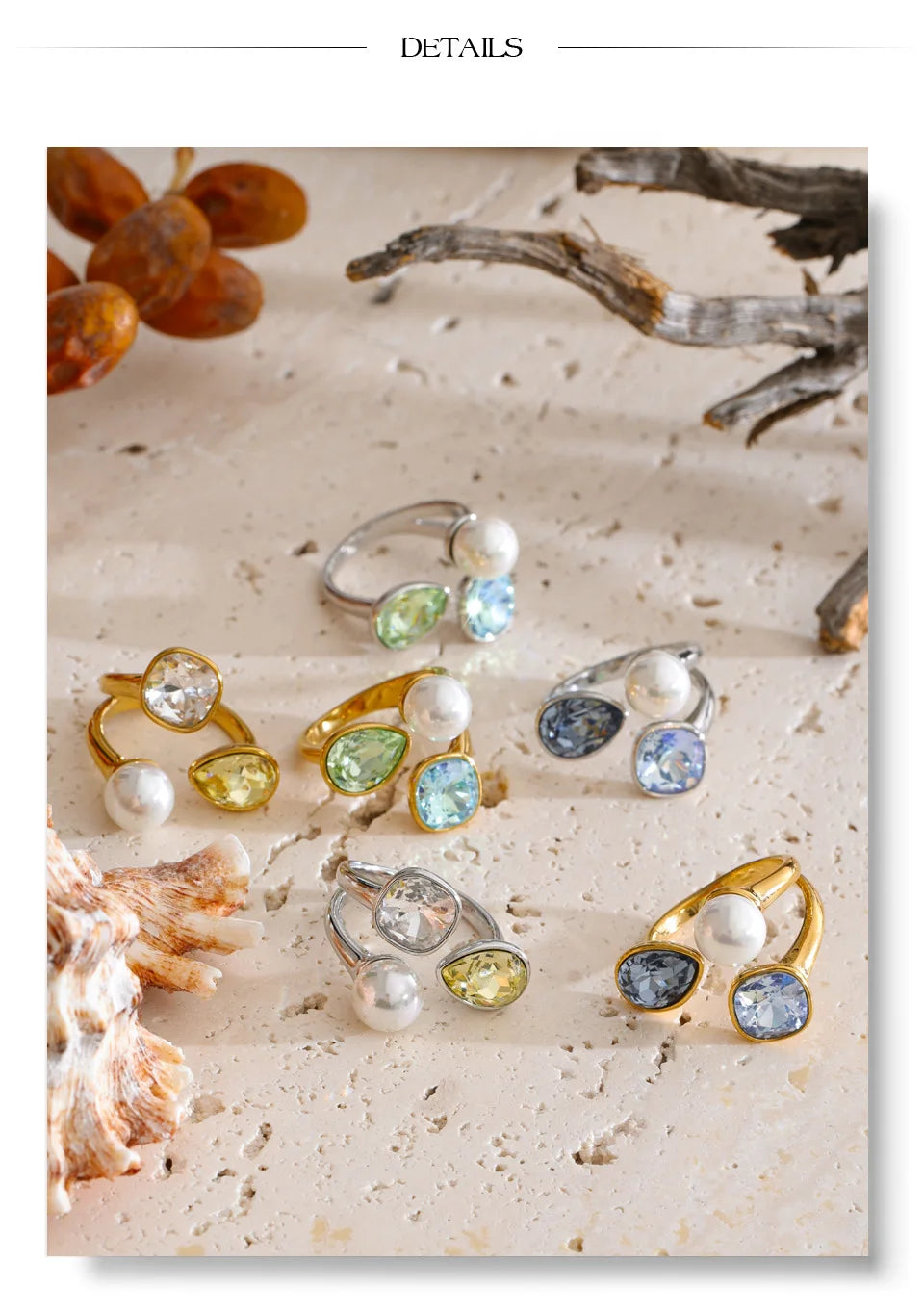 Pearl crystal geometric ring in 18K gold-plated stainless steel with pearl and crystal.
