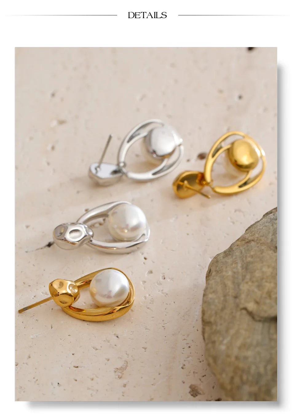 Pearl geometric earrings in gold-plated stainless steel with pearl.