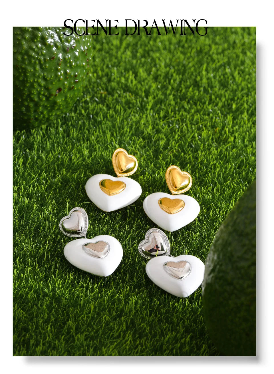 White enamel heart earrings in gold-plated stainless steel with enamel.