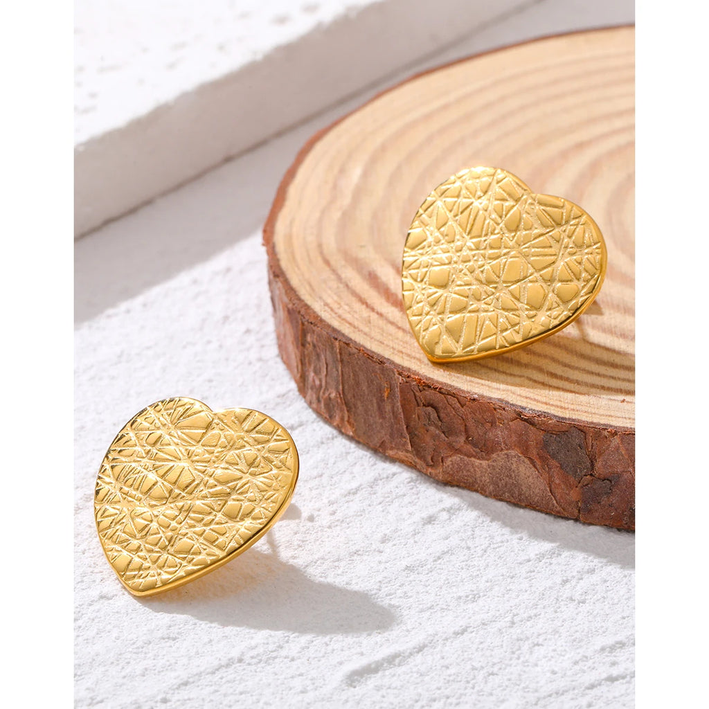 Stud Earrings Heart Irregular Knife Cut Metal Texture — 316L Stainless Steel · PS438