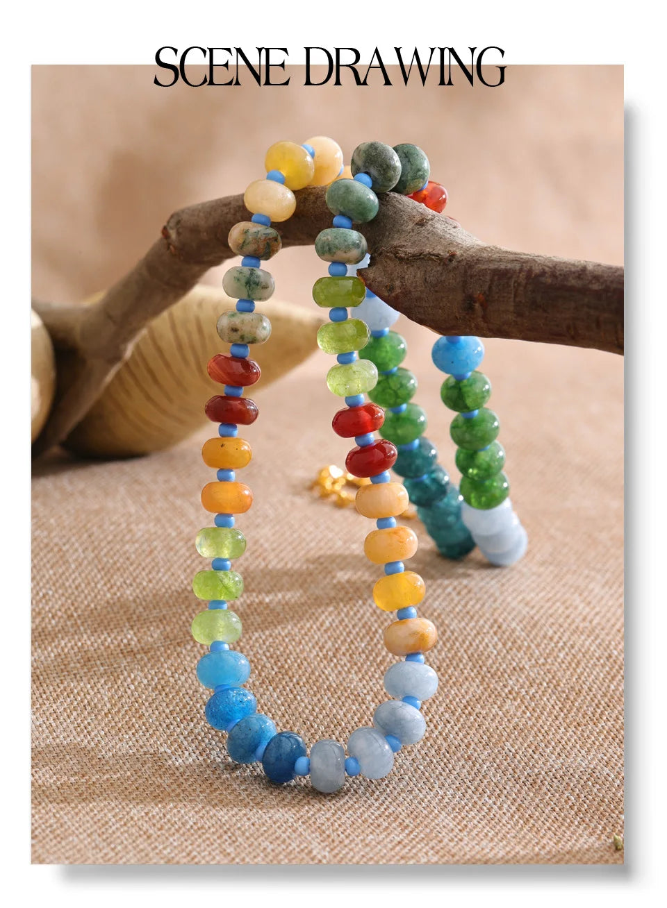 Natural stone beaded geometric necklace in gold-plated stainless steel with natural stone.