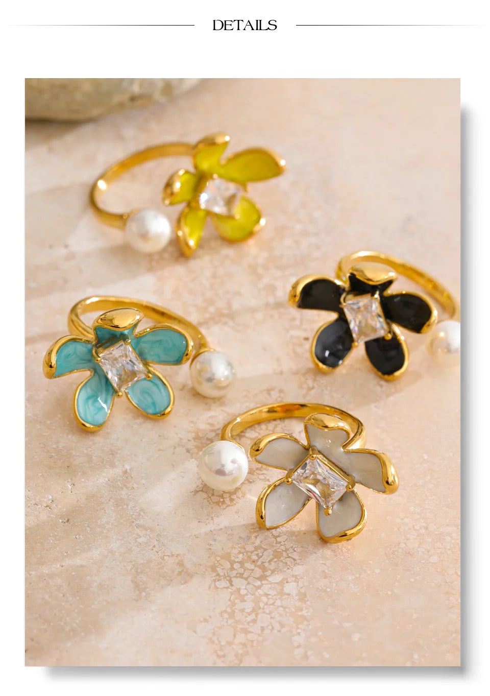 Cubic zirconia enamel flower ring in gold-plated stainless steel with cubic zirconia and enamel.