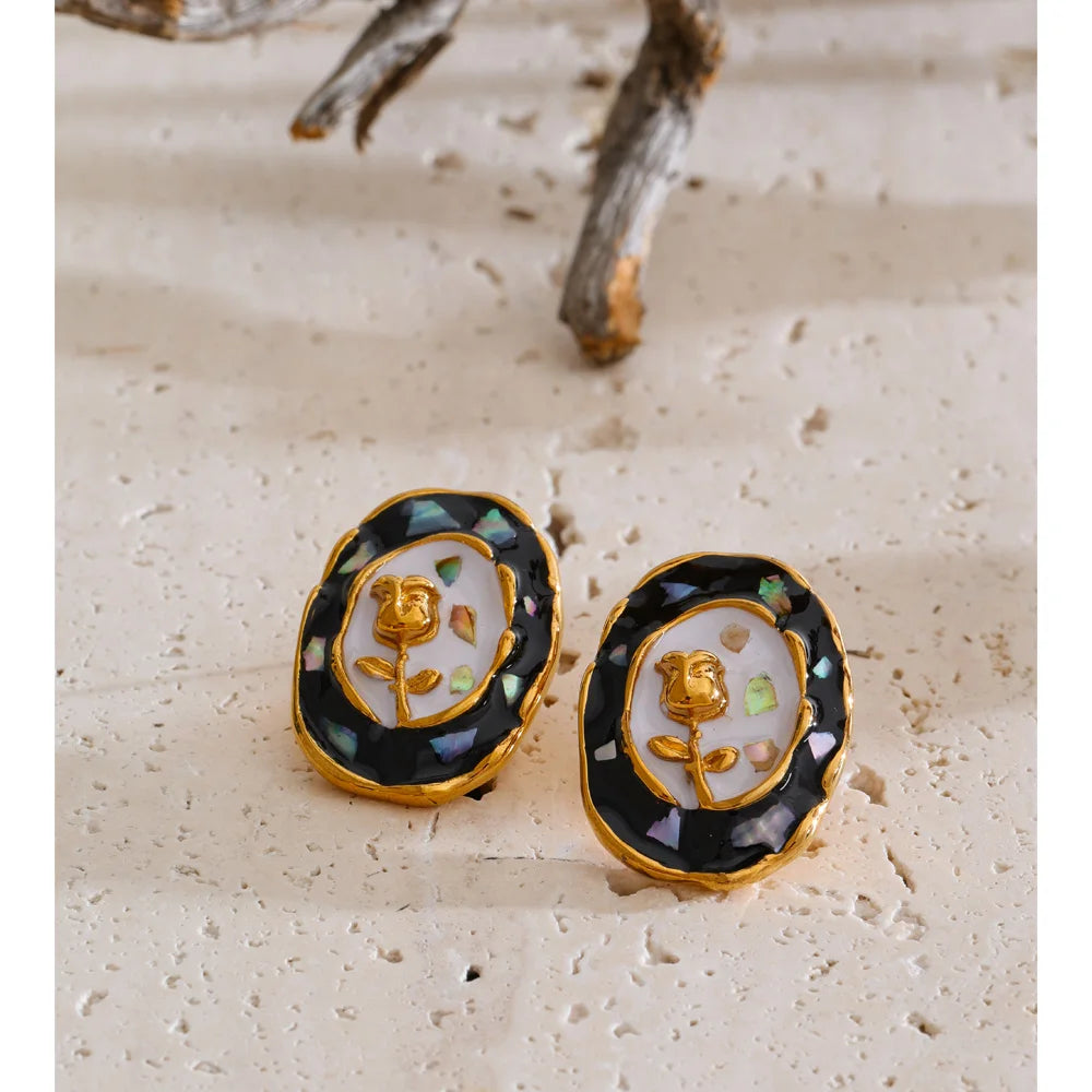 Cubic Zirconia Enamel Flower Earrings — Gold-Plated Stainless Steel with Cubic Zirconia and Enamel · PS1298