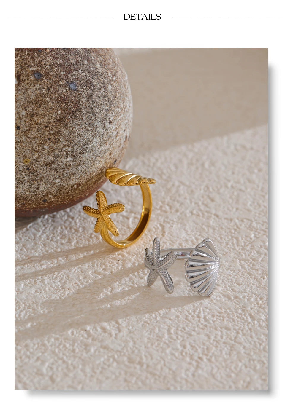 Shell star geometric ring in gold-plated stainless steel with shell.