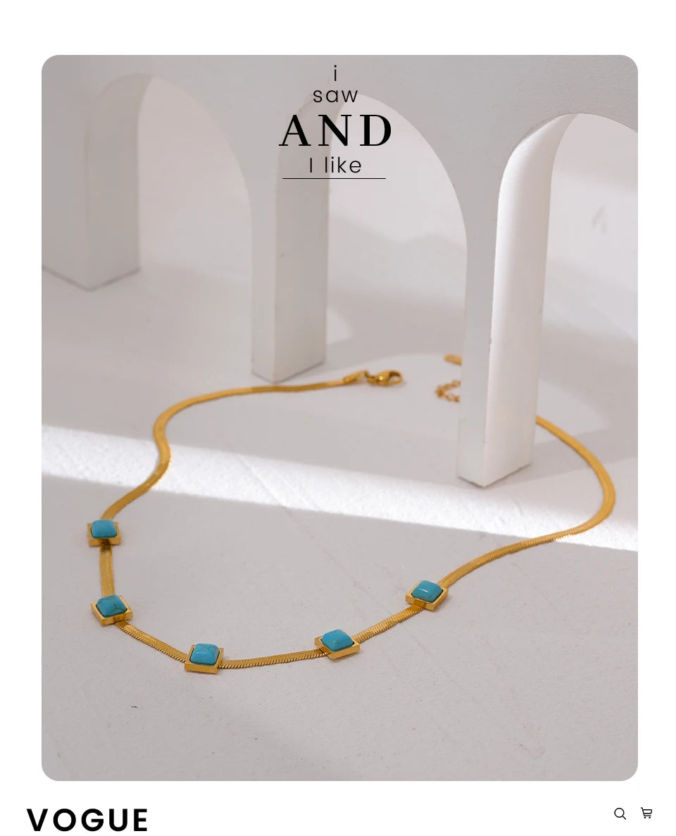 Blue natural stone snake necklace in gold-plated stainless steel with natural stone.