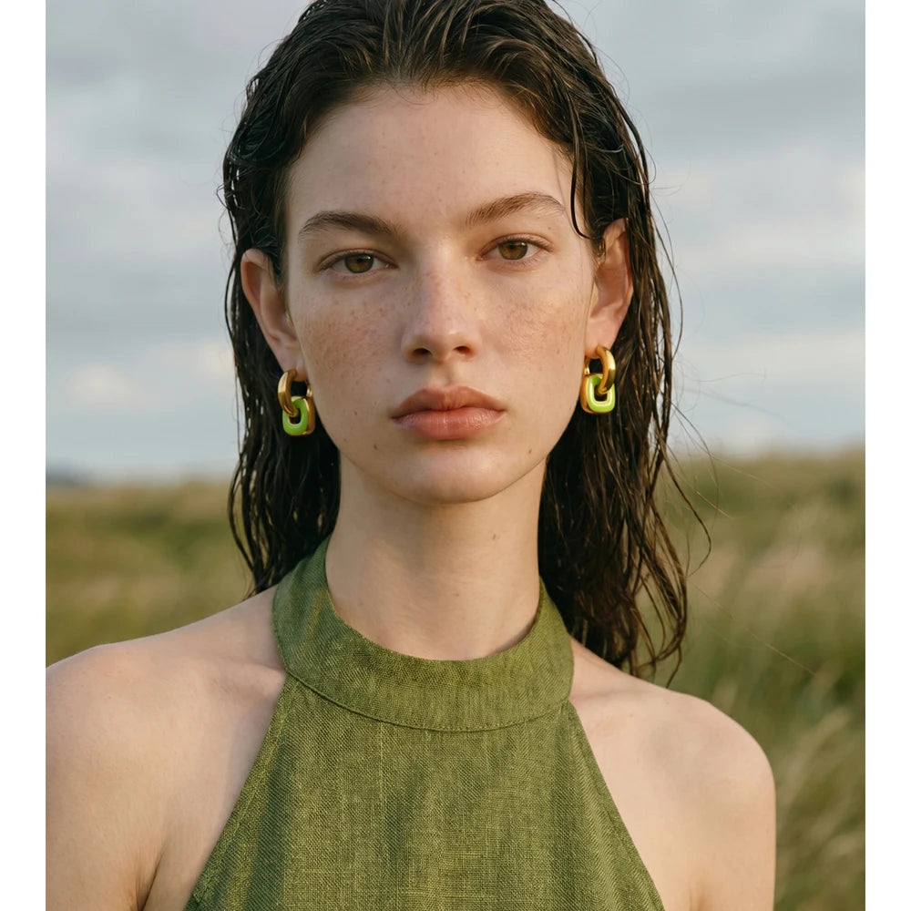 Enamel multi-color geometric earrings in gold-plated stainless steel with enamel.
