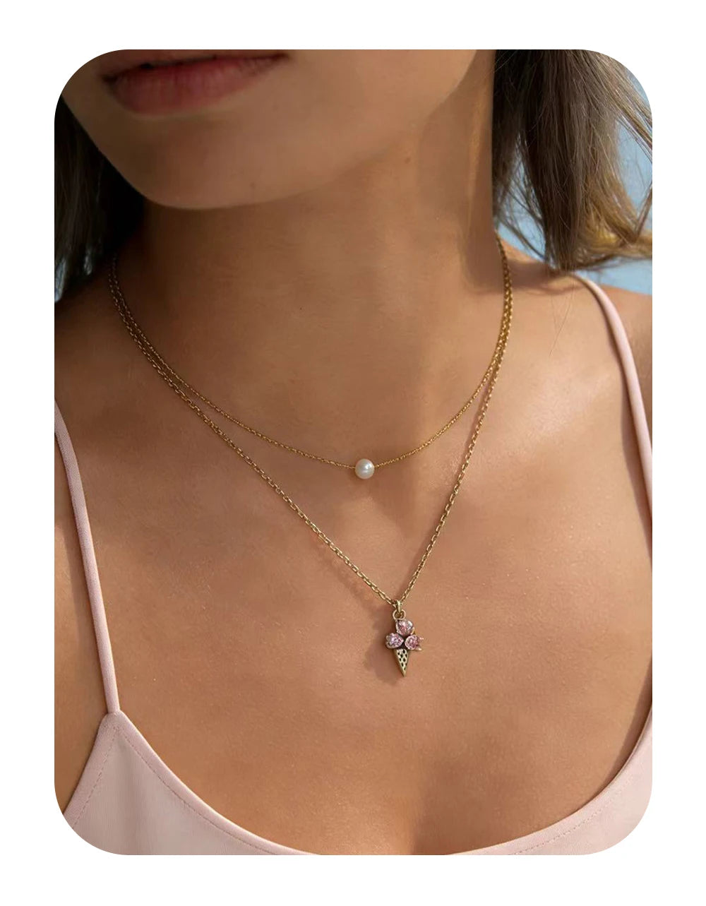 Pink Crystal Ice Cream Pendant Necklace Charm — 316L Stainless Steel · PS455
