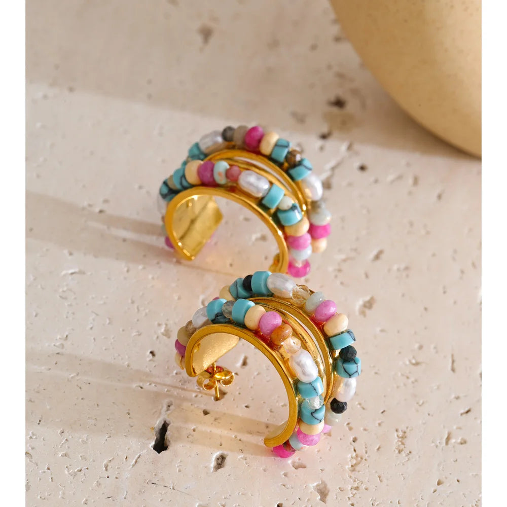Pearl crystal natural stone earrings in gold-plated stainless steel with pearl and natural stone.