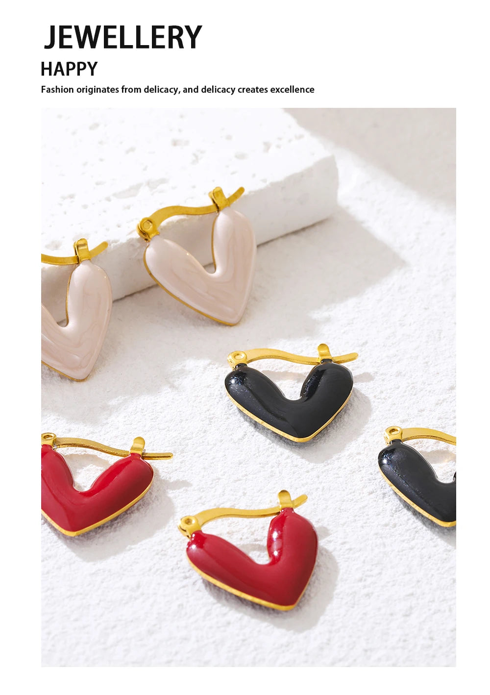 Hoop Earrings Heart Pink Black Red Enamel Vintage — 316L Stainless Steel · PS393