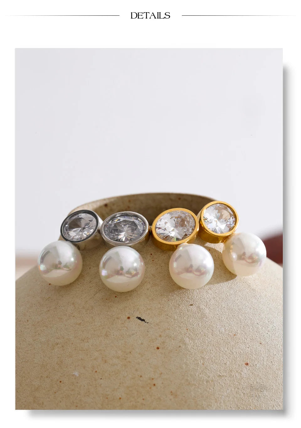 Cubic Zirconia Pearl Geometric Earrings — Gold-Plated Stainless Steel with Pearl and Cubic Zirconia · PS1615