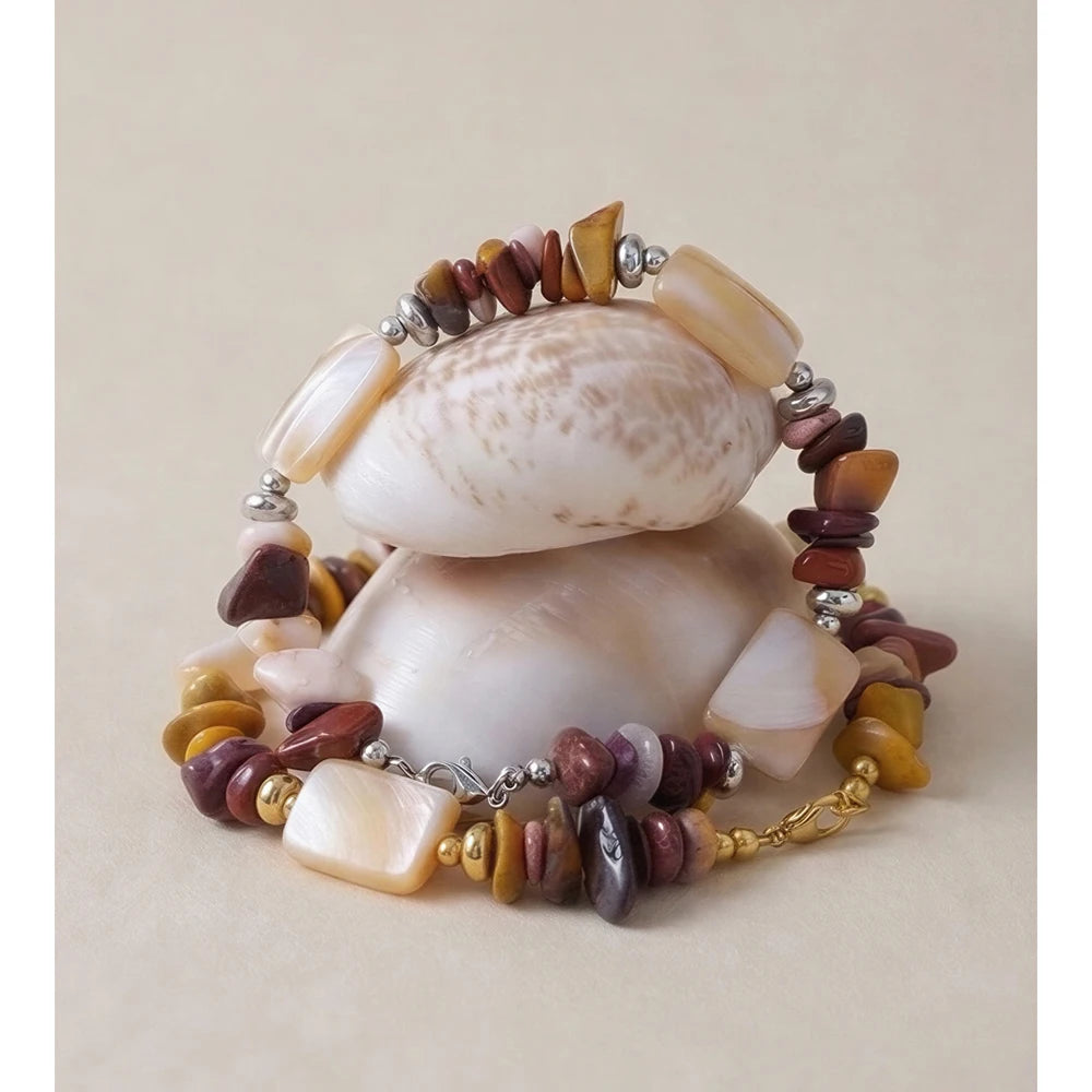 Shell Natural Stone Geometric Bracelet — Gold-Plated Stainless Steel with Natural Stone and Shell · PS1168