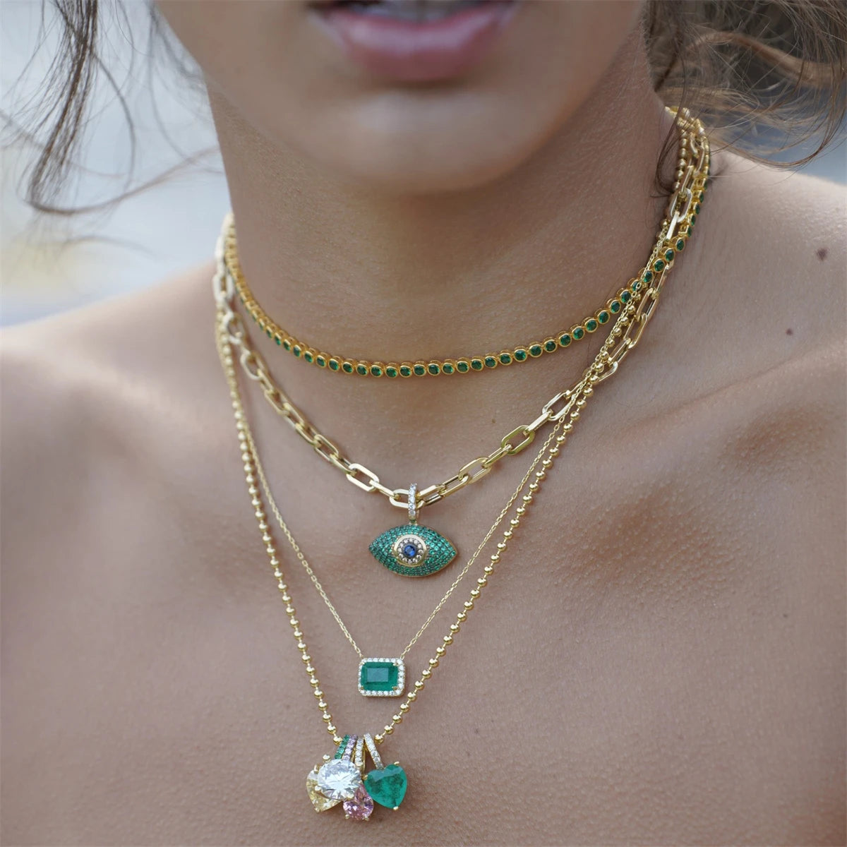 Zircon Necklace Grandmother Green Bead Chain Chocker Short Necklace Light Luxury Style Color Protection