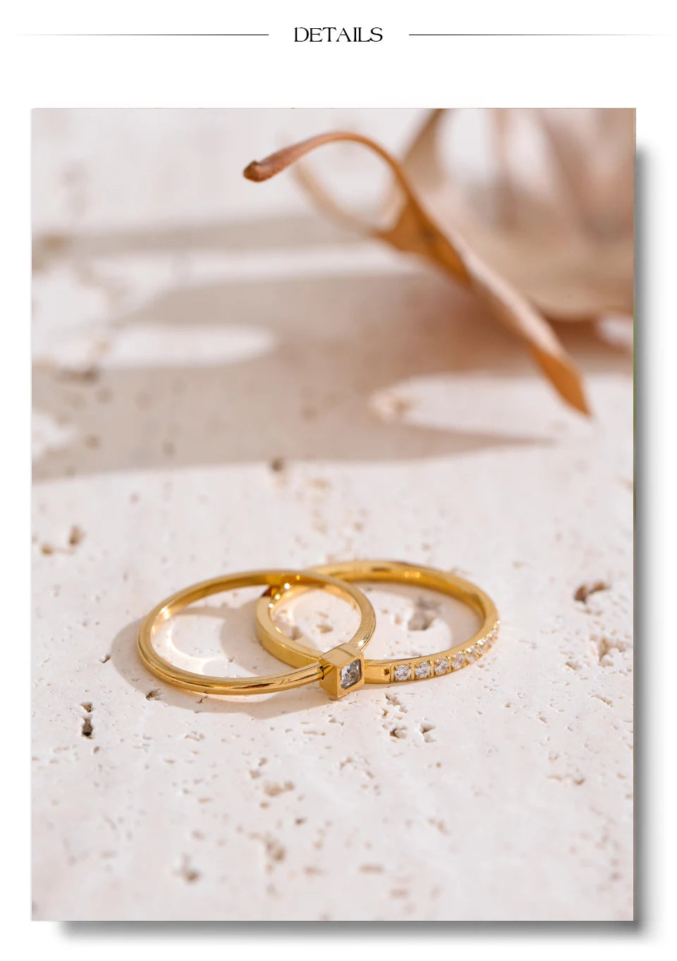 Cubic zirconia geometric ring in 18K gold-plated stainless steel with cubic zirconia.