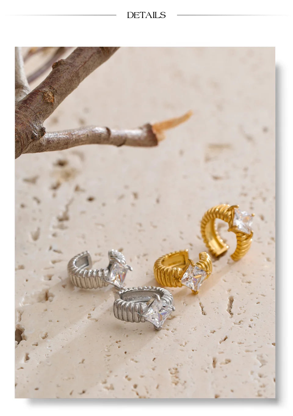 Cubic Zirconia Geometric Earrings — Gold-Plated Stainless Steel with Cubic Zirconia · PS1505