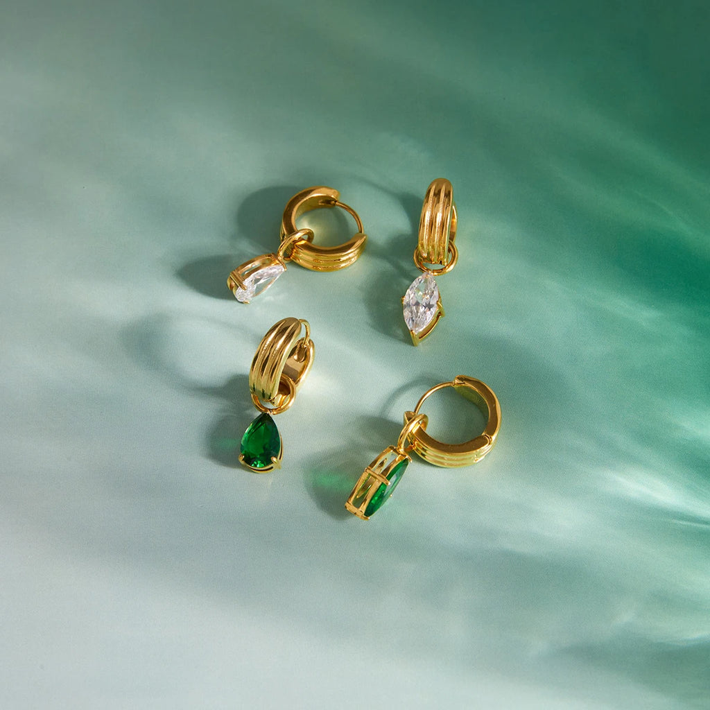 Green CZ Waterdrop Earrings — Stainless Steel · PS309