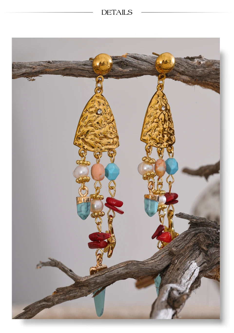 Freshwater pearl resin geometric earrings in gold-plated 316L stainless steel with freshwater pearl and resin.