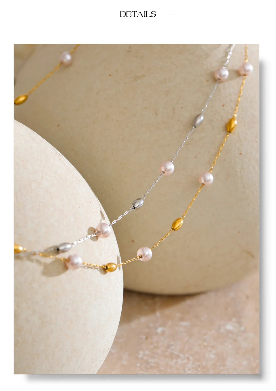 Pearl beaded geometric necklace in gold-plated stainless steel with pearl.